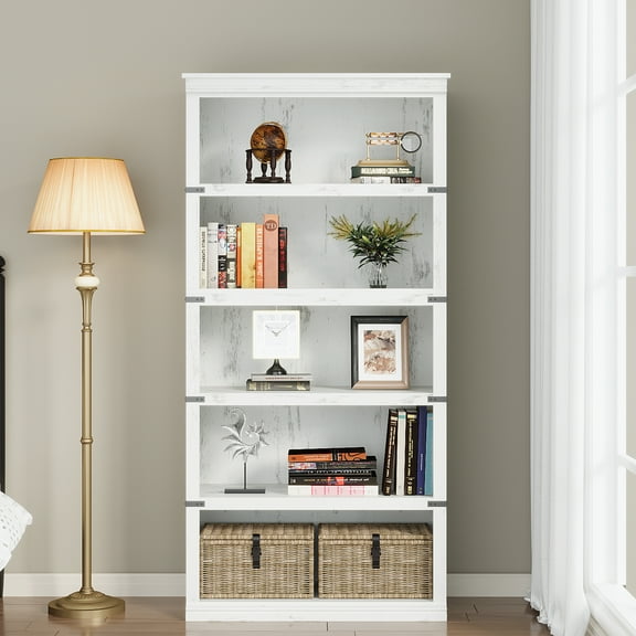 Compact Tall Farmhouse Bookshelf – Rustic Wooden Bookcase with Open Storage Shelves, Sturdy Freestanding Display for Home Office, Living Room, Bedroom