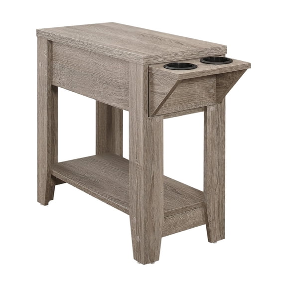 Compact Taupe Side Accent Table with Drop-Down Holder & Storage