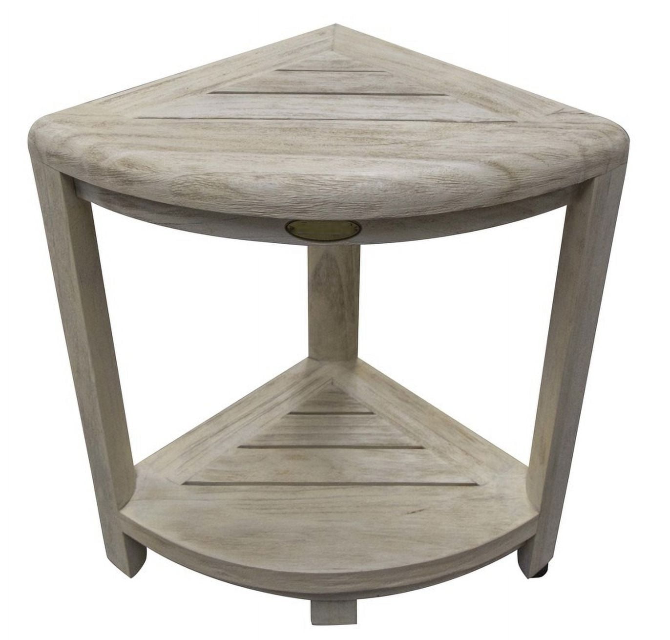 Compact Teak Corner Shower Stool with Shelf in Whitewash Finish Compact Teak Corner Shower Stool with Shelf in Whitewash Finish