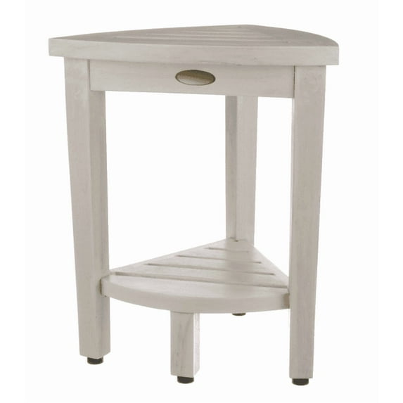 Compact Teak Corner Shower Stool with Shelf in Whitewash Finish