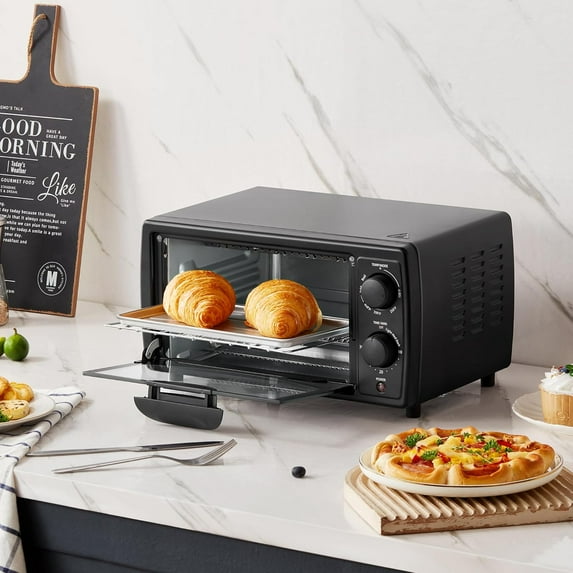 Toaster Oven Countertop, Small Toaster Ovens Combo 4 slice, Mini Oven for 9" Pizza, Compact Oven 2 Racks for Toast, Bake, Broil, 950W, Black, CTO-E101A(BK)
