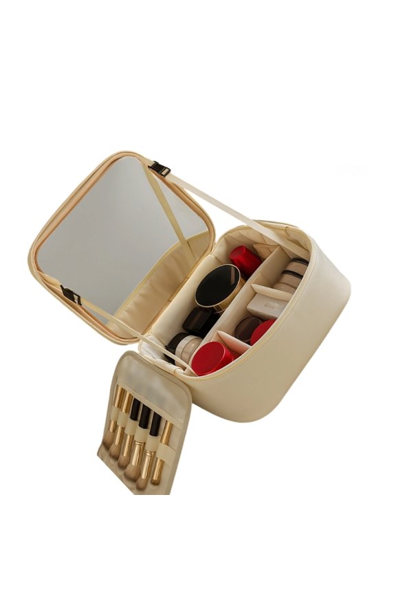 Compact Toiletry Bag Highlighting Expandable Mirror And Modular Sections
