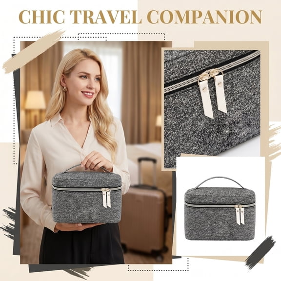 Compact Travel Cosmetic Bag with Handle, Zippered Toiletry Organizer Pouch for Women, Portable Makeup Storage Case for Bathroom Vanity, Desk, Dark Gray Fabric