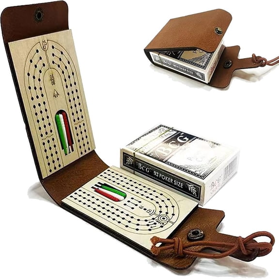 Compact Travel Cribbage Board Set For Cribbage Lovers Portable Travel Game with Playing Cards and Entertainment, 10X7cm, Brown