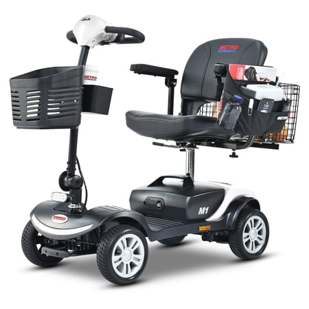 Compact Travel Mobility Scooter with Front & Rear LED Light Baskets Cup Holder, Foldable Electric Powered Mobility Scooters for Seniors, Long Range 4 Wheel Mobility Scooter with Basket, White