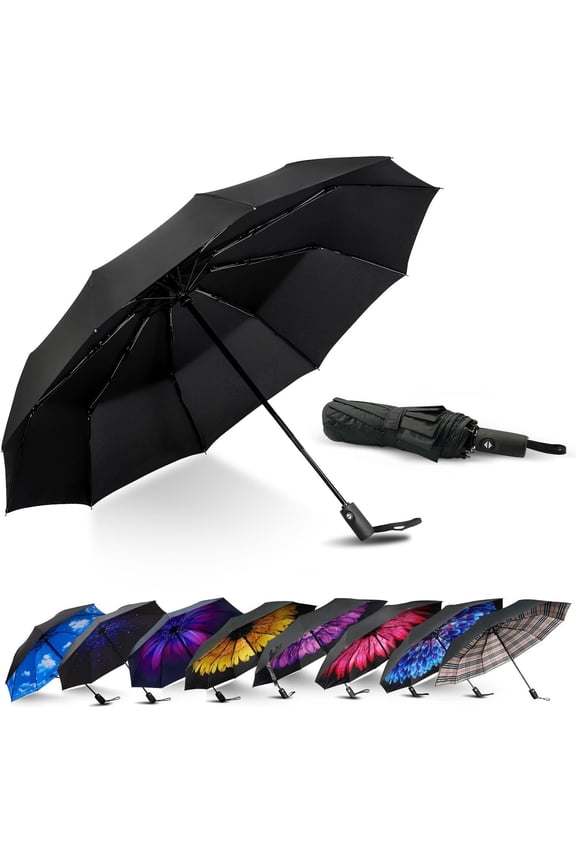 Compact Travel Umbrella, Automatic Open/Close Windproof Umbrella, 10 Fiberglass Ribs, 210T Pongee, UPF 50+ Sun/Rain, Lightweight Portable Umbrellas Travel Size with Carry Sleeve