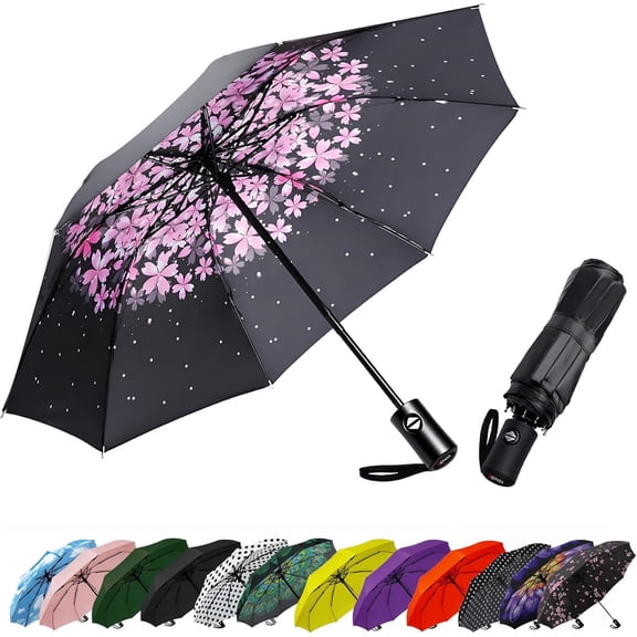 Compact Travel Umbrella - Windproof Auto Open/Close, Small Folding Umbrella for Rain - Lightweight & Durable with Fiberglass Frame, Waterproof Canopy - Fits Backpack, Purse, Suitcase. (Black)