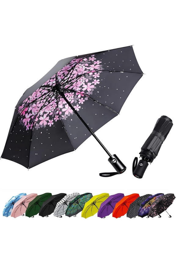 Compact Travel Umbrella - Windproof Auto Open/Close, Small Folding Umbrella for Rain - Lightweight & Durable with Fiberglass Frame, Waterproof Canopy - Fits Backpack, Purse, Suitcase. (Black)