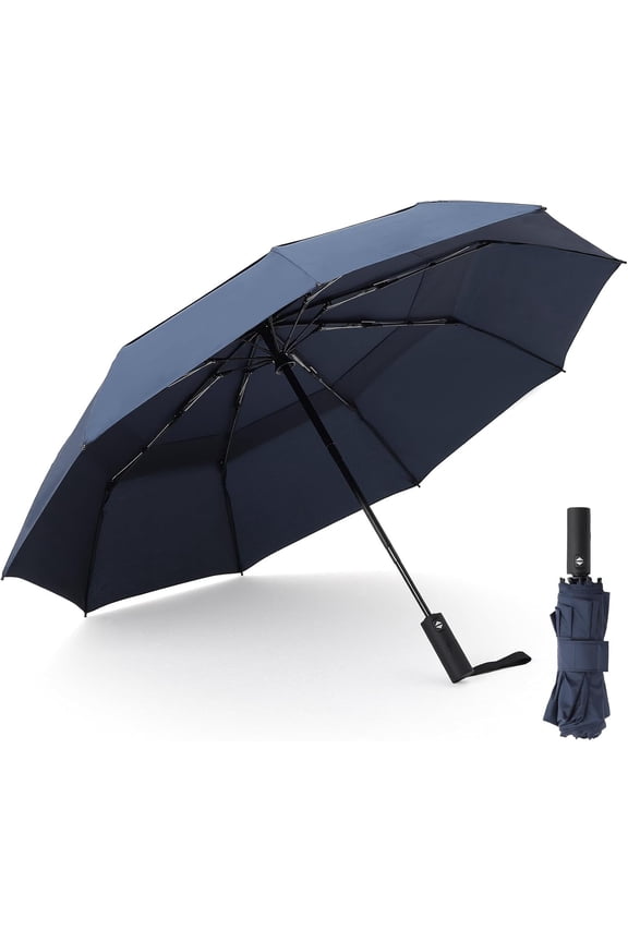 Compact Travel Umbrellas for Rain Durable Folding Windproof 9 Ribs Fiberglass Frame Vented Double Canopy Automatic Open Close Umbrella