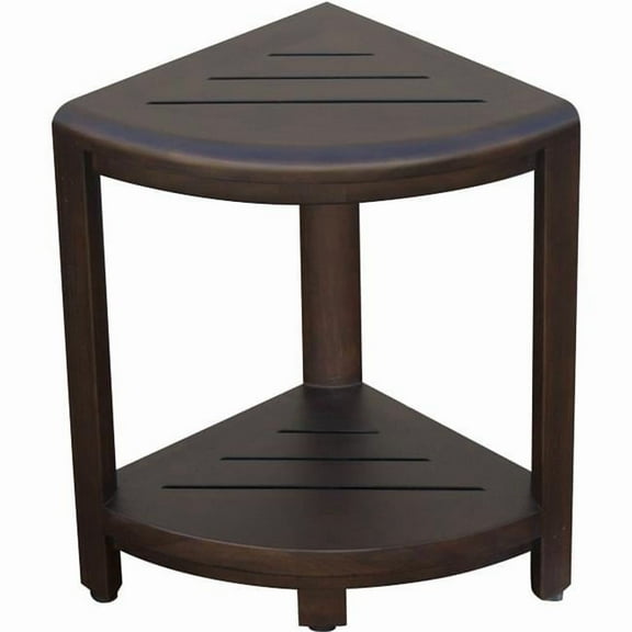 Compact Triangular Teak Shower Outdoor Bench with Shelf, Dark Brown - 18 x 12 x 12 in.