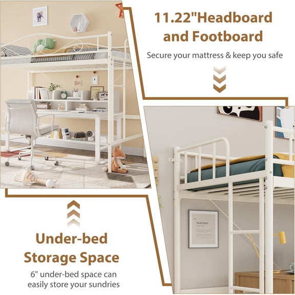 Compact Twin Metal Loft Bed Frame – Heavy Duty 400 lbs Capacity, Removable Ladder, Full Safety Guardrail, Noise-Free, Easy Assembly, No Box Season Required – Cream White