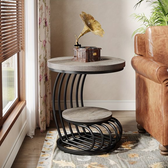 Compact Two-Level End Table with Storage Shelf, Modern Farmhouse Style Accent Nightstand in Gray Wood Grain Finish and C-Shaped Metal Frame, Space-Saving Sofa or Side Table for Small Living Areas
