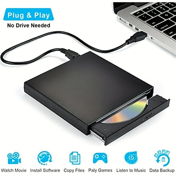Compact USB 2.0 External DVD-RW Drive | Plug & Play No Drivers Needed | Slim Portable CD/DVD Burner for Laptops & Tablets | Data Backup & Movie Playback | Black Design with Power Cable