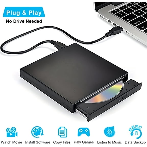 Compact USB 2.0 External DVD-RW Drive | Plug & Play, No Drivers Needed | Slim Portable CD/DVD Burner & Reader for Laptops, Desktops, Tablets, Smartphones | Data Backup, Movie Playback