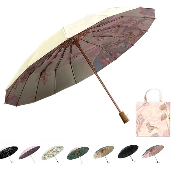 Compact Umbrellas For Rain And Sun UPF 50+ UV Protection Windproof waterproofing and Strong Men Womens Umbrella 16 Ribs Wooden Handle Travel Umbrella
