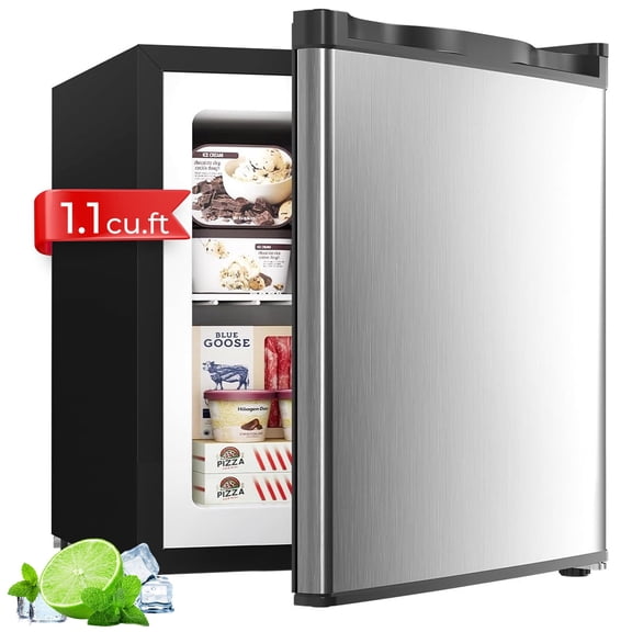 FOHERE 1.1 Cu.Ft Mini Freezer Countertop, Compact Upright Freezer with Reversible Door, Removable Shelves, Small freezer for Home/Dorms/Apartment/Office, Silver