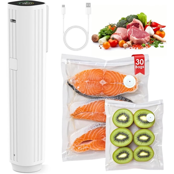 Compact Vacuum Sealer for Food (Contains 30 Reusable Seal Bags) Featuring LED Pressure Display, Ultimate Suction Power, Handheld Vacuum Sealer Machine, Portable Food Sealer