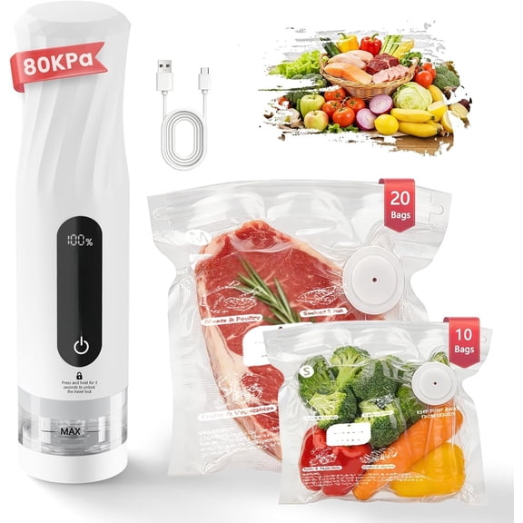 Compact Vacuum Sealer for , Portable Vacuum Sealer Machine with 30 Vacuum Bags, 80kPa Handheld Sealer with Lock Function, Saver for Sous Vide, Preserve 8X Freshness