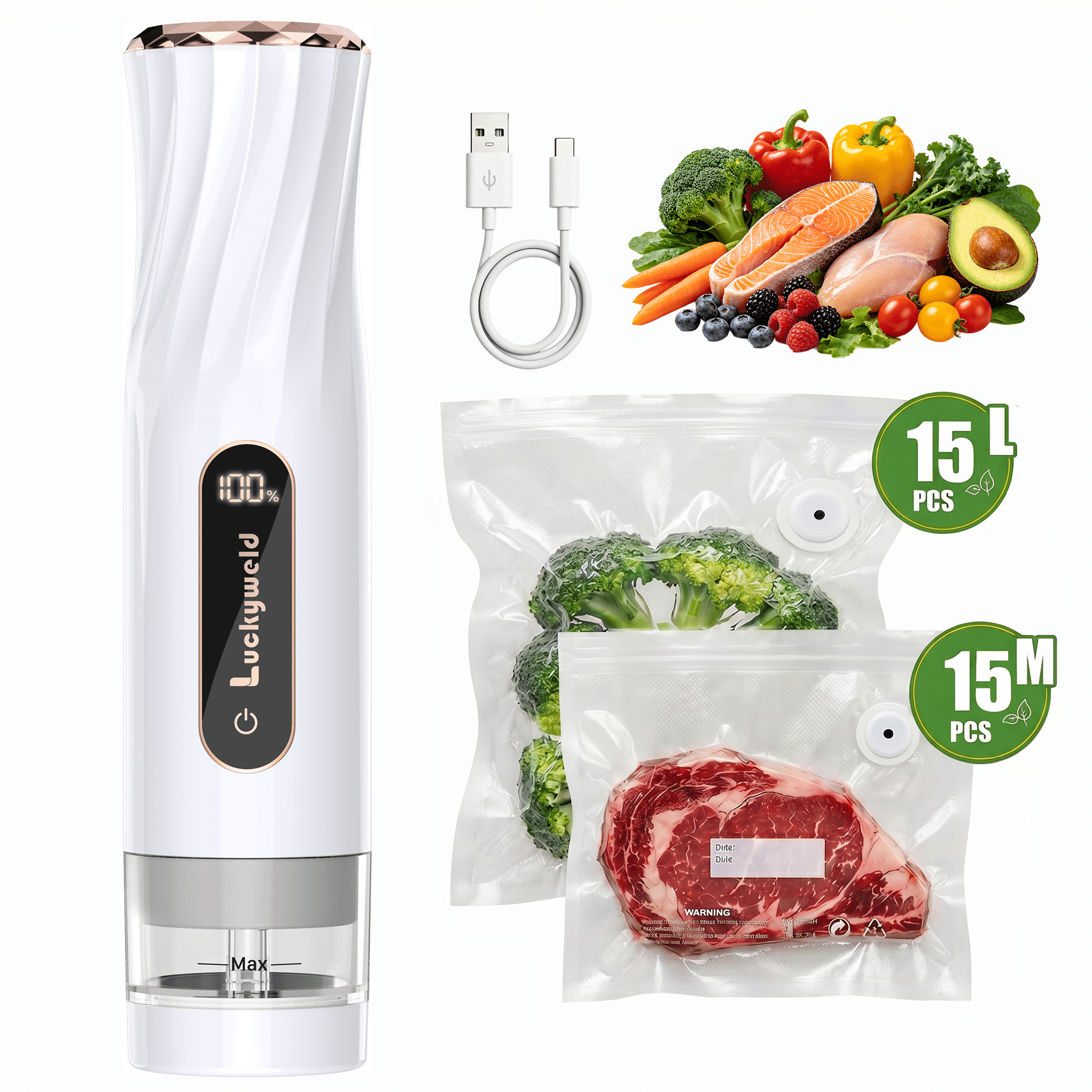 Handheld Vacuum Sealer for Food, 30 Reusable Bags & Battery Level Indicator for Kitchen,Gifts for Mom, Wife, Chef & Home