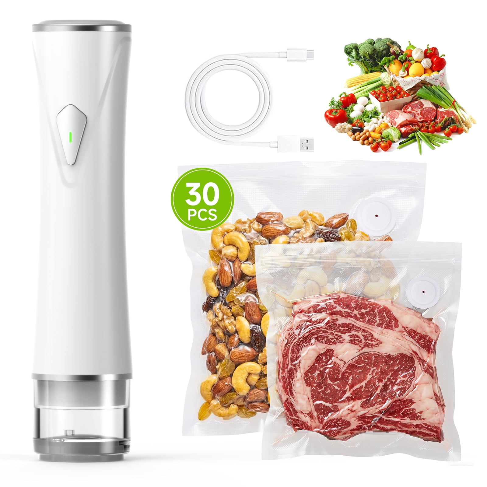 Vixino Compact Vacuum Sealer for Food (Vacuum Sealer Machine + 30 Reusable Vacuum Bags) Powerful Handheld Vacuum Sealer Machine, Extend Freshness Longer, Portable & Cordless