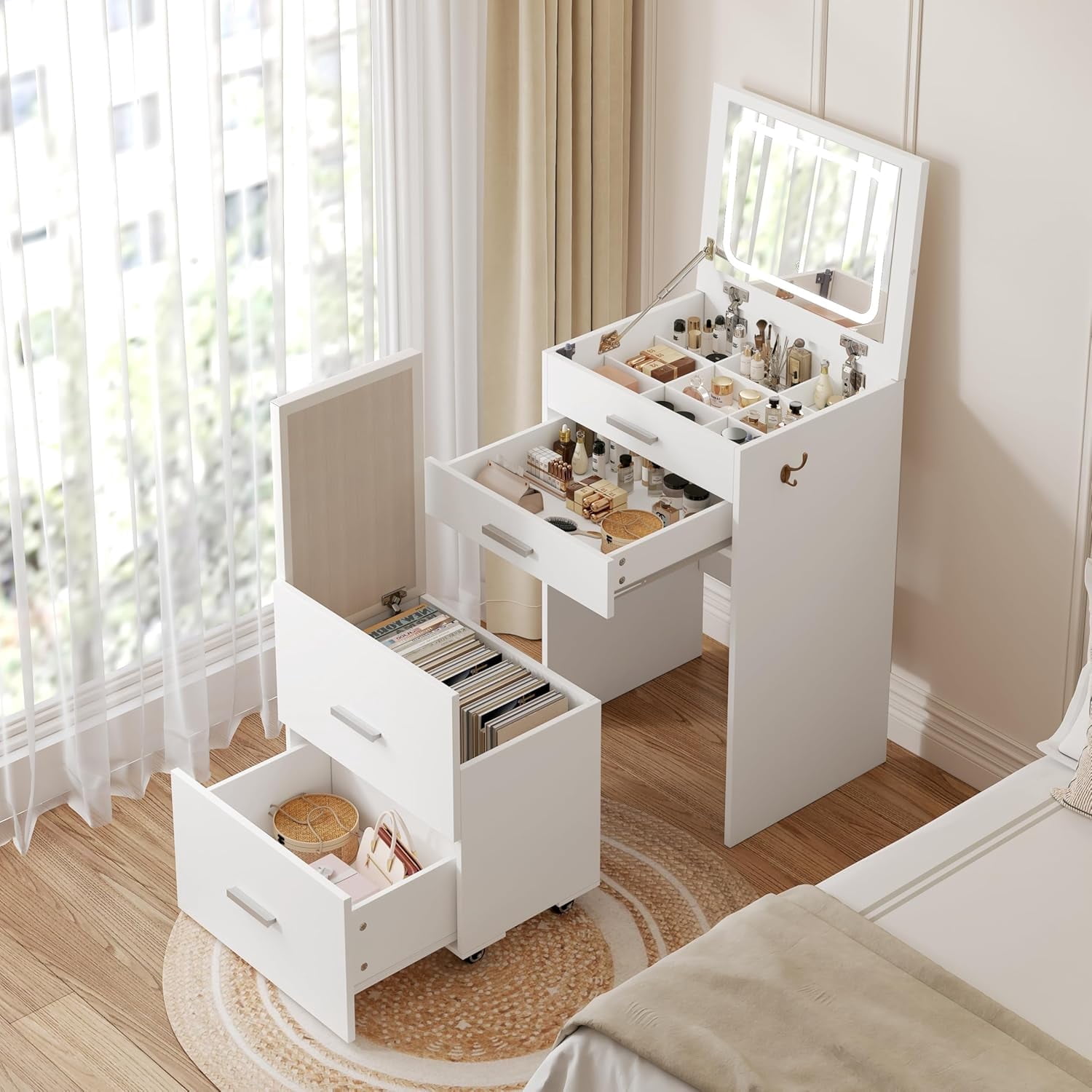 Compact Vanity with 3 Drawers, 3 in 1 Vanity Desk, Makeup Desk with Flip-up 3 Colors Lighting Mirror and Cushioned Stool, Small Vanities Nightstand Perfect for Bedroom, White