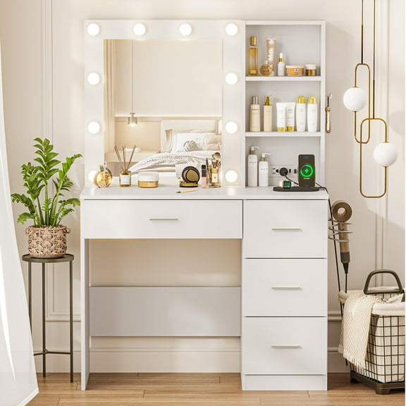 Compact Vanity Desk with LED Mirror,3-Color Lighting Vanity Table,Adjustable Brightness Makeup Dressing Table,4 Drawers,Power Outlets,Open Shelves