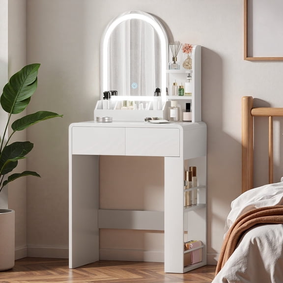 Vanity Desk with Lighted Mirror,  Small Dressing Table with Side Storage Shelves, Modern Curved Design, for Bedroom, White