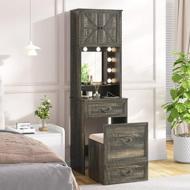 Compact Vanity with Hidden Chair, Makeup Vanity Desk with Mirror and Lights, Farmhouse Vanity Table with Storage Drawers for Bedroom, Dressing Table Gift for Girls Lady