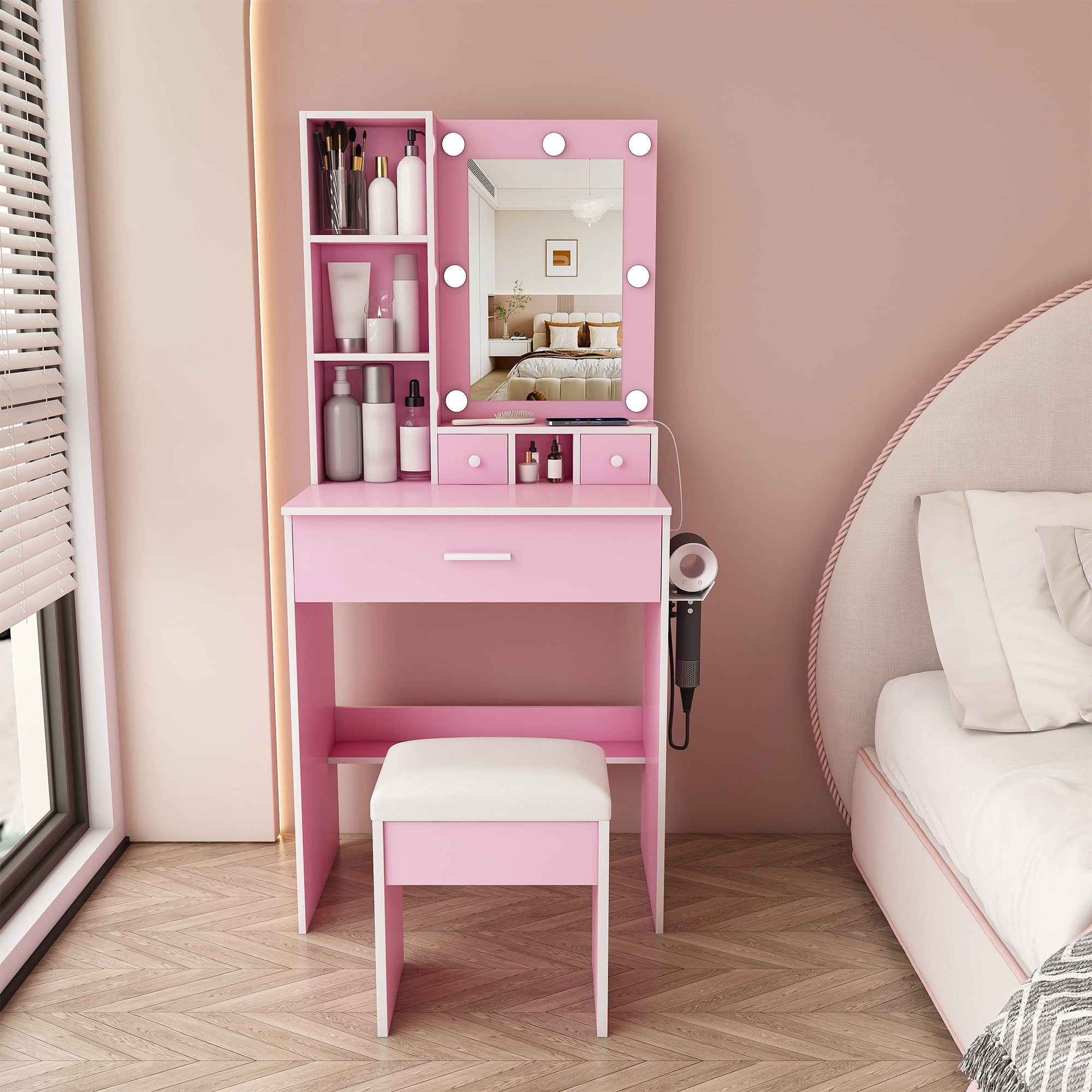 Compact Vanity Table Set with Adjustable LED Mirror, Power Outlet, Hairdryer Holder & Upholstered Stool, Makeup Dressing Desk for Small Bedroom