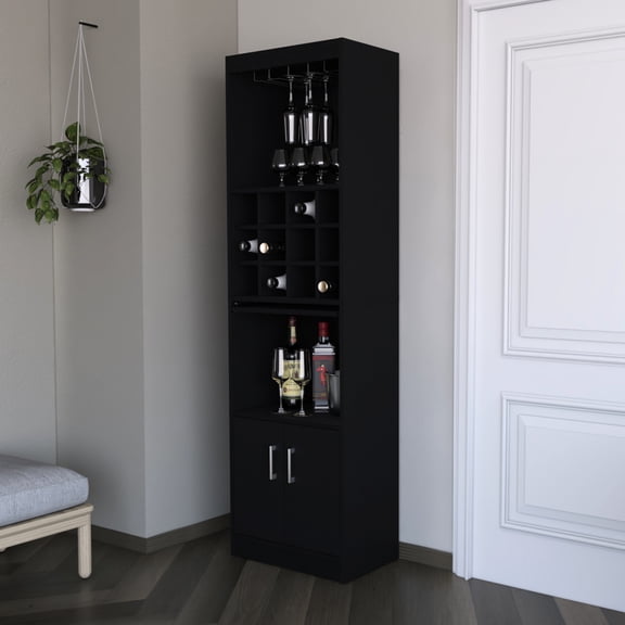 Black Bar Cabinet with Open Storage and Wine Compartment | Easy Access to Your Favorite Drinks