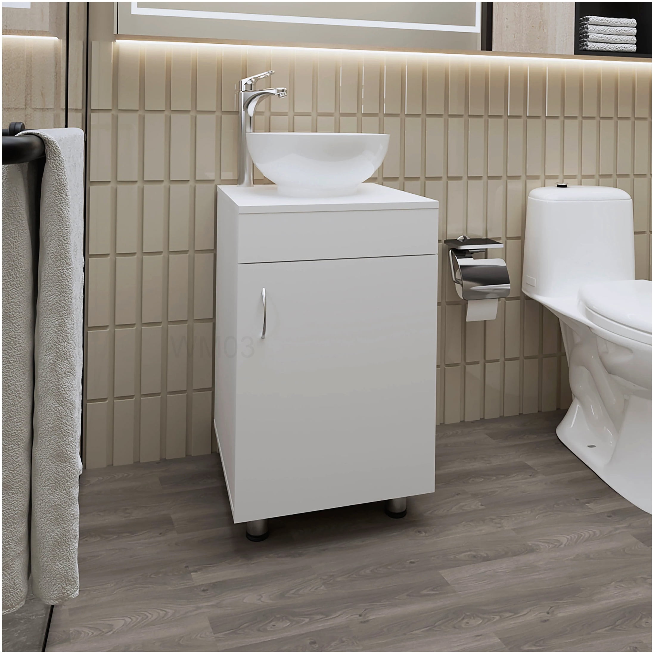 Compact White Bathroom Vanity with Integrated Sink and Drawer