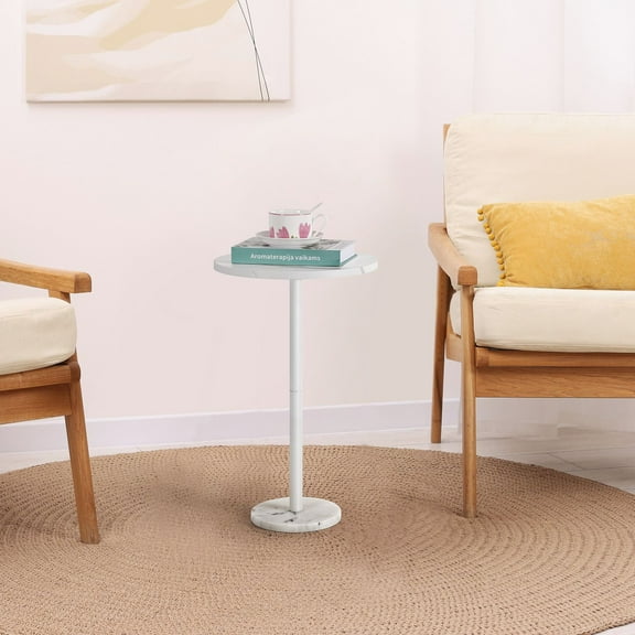 Compact White Round Coffee Table with Marble Base - Versatile Side Table for Living Room, Bedroom, Patio & Small Spaces, 12.6" Height, 24.6" Diameter