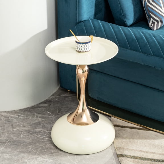 Compact White Side Table - Living Room Coffee Metal With Golden Glimmer Simple Assembly Process Small Area Cocktail Modern Item Glitter Quick Specificity