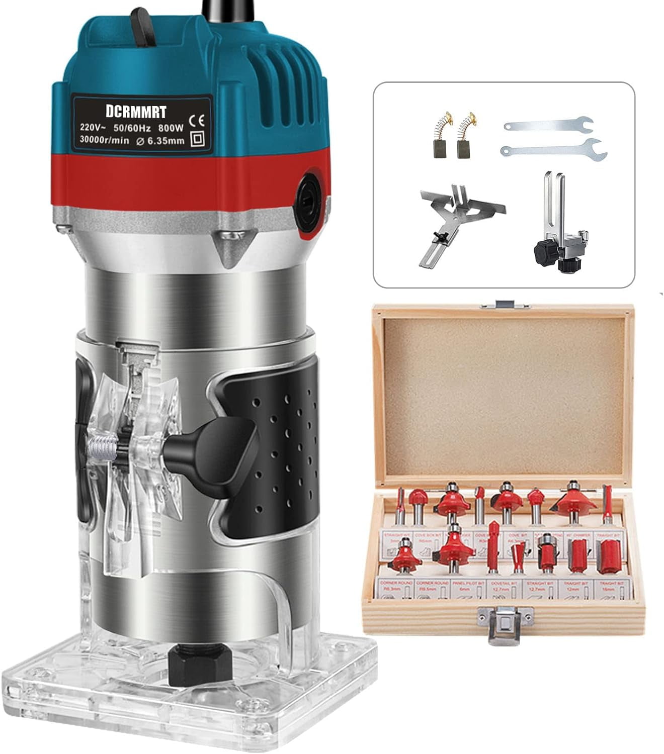 Compact Wood Router Tool- 15 Pieces 1/4" Router Bits Woodworking Trimmer Electric 1.25hp Handheld Corded Palm 800w