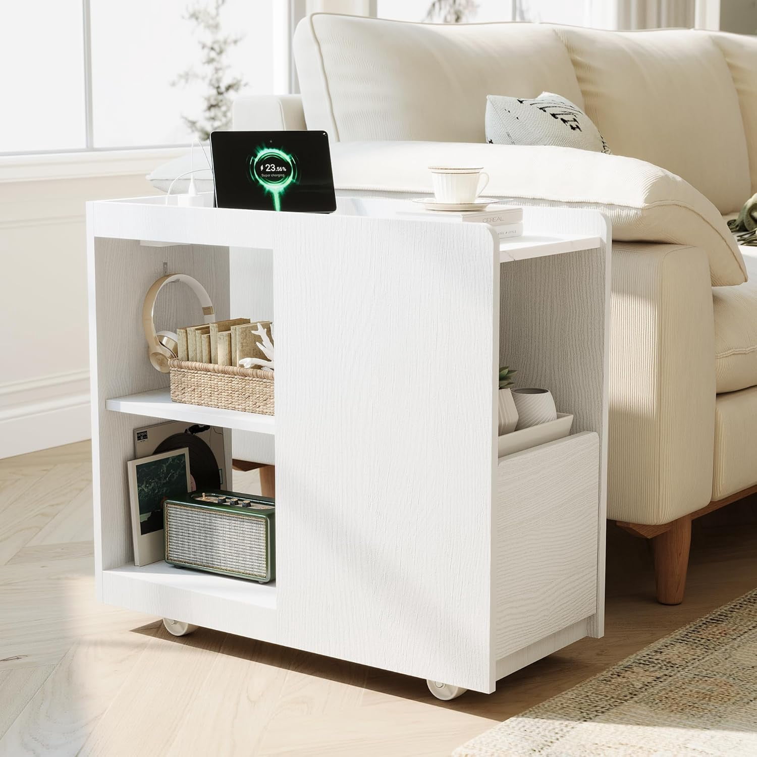 Small Table With Racks Compact Wood Side Table with Storage – Slim End Table with Magazine ...