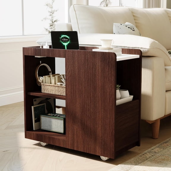 Compact Wood Side Table with Storage – Slim End Table with Magazine Rack and Wheels, Small Couch Side Table for Living Room, Narrow Nightstand for Bedroom
