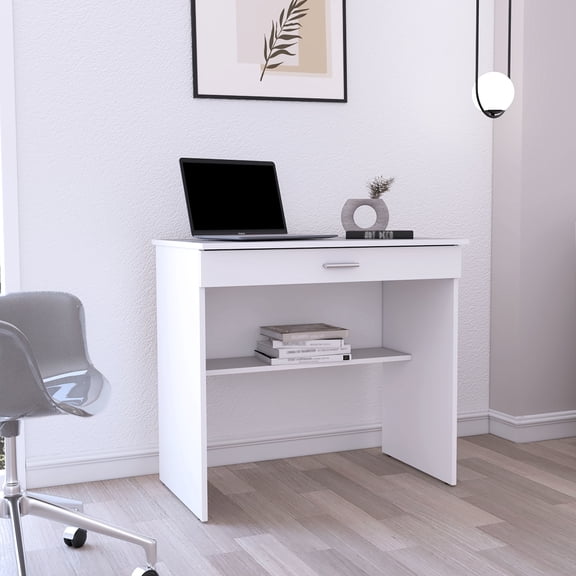 Compact Work Desk With Abundant Working Area, Drawer And More Lower Shelf Space White Workstation Desk, 80 C Writing