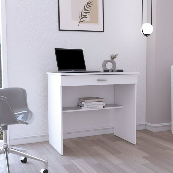 Compact Workstation Desk, White With Drawer And Lower Shelf, Modern Look Rectangular Desk Shelf Functional Layout