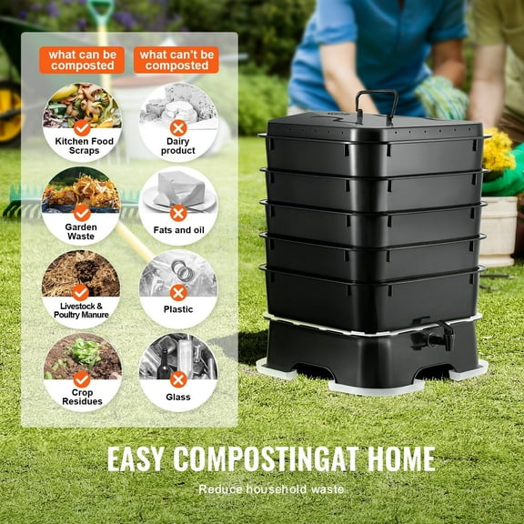 Compact Worm Composting Bin (5-Tray, 50L) - Indoor/Outdoor Vermicomposting Kit for Organic Waste, Harvest Worm Castings & Liquid Fertilizer