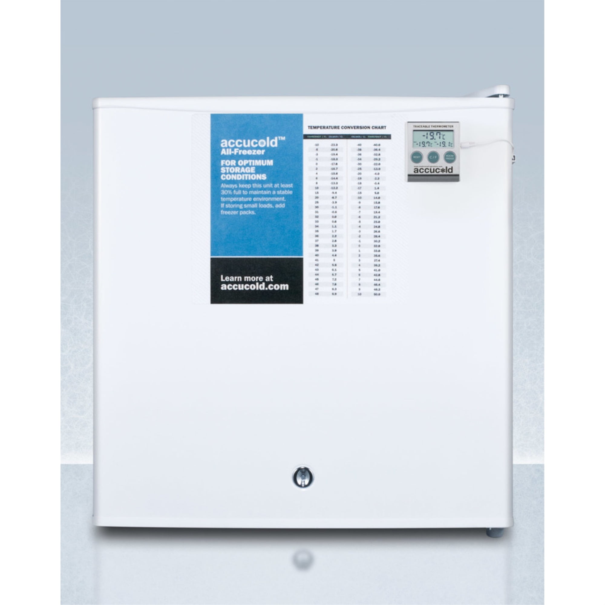 Compact all-freezer, manual defrost with a lock and NIST calibrated thermometer