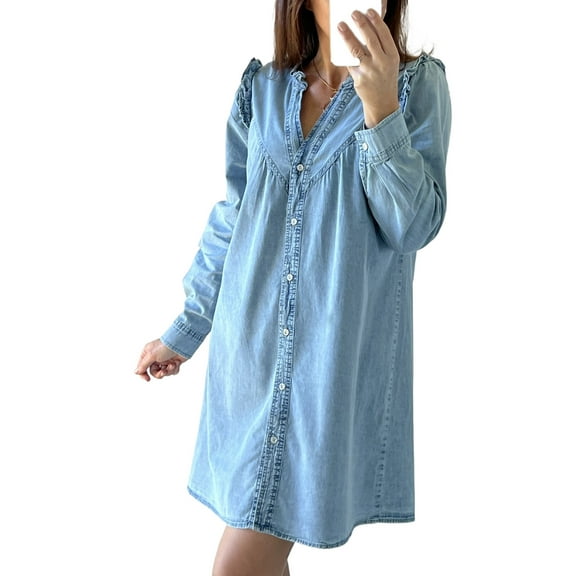 Compact and Chic Denim Shift Dress with Ruffles - Myosotis Blue