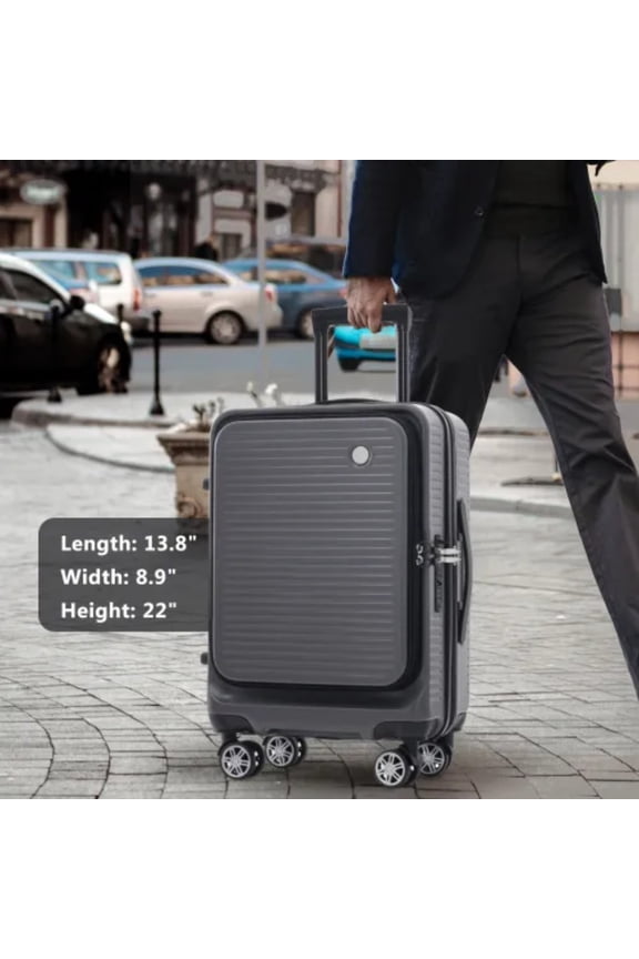 Compact carry-on suitcase, front-opening luggage, with front pockets and USB interface, comes with 1 travel bag, durable, lightweight, suitable for travel and business trips