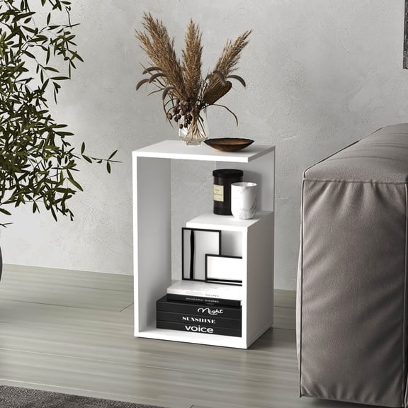 Compact end table / With two lower shelves / Fits beside the couch