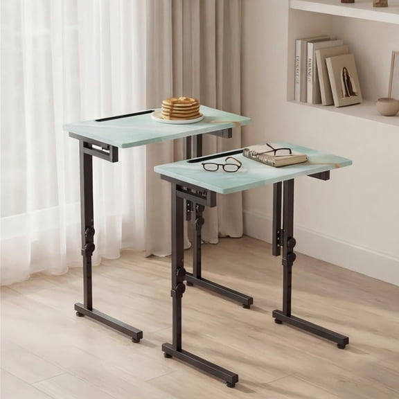 Compact foldable C-shaped side table, adjustable folding TV stand with 6 height settings, slides neatly under the sofa, sturdy MDF tabletop, no assembly required