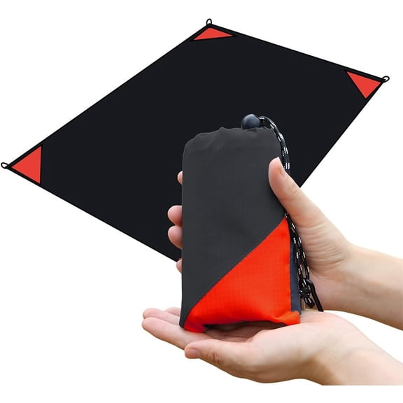 Compact lightweight foldable pocket picnic blanket, waterproof sandproof portable tarp easy to store in carry bags, ideal for camping, hiking, backpacking, festivals and travel(Black/Red, 55"x39")