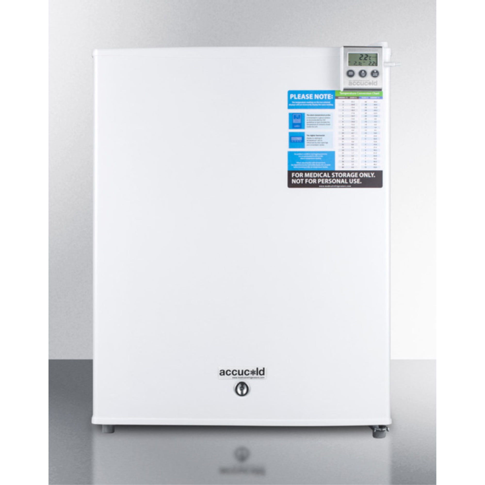 Compact medical all-refrigerator for temperature stable medical storage, with digital thermostat, lock, self-closing door, temperature alarm, and internal fan