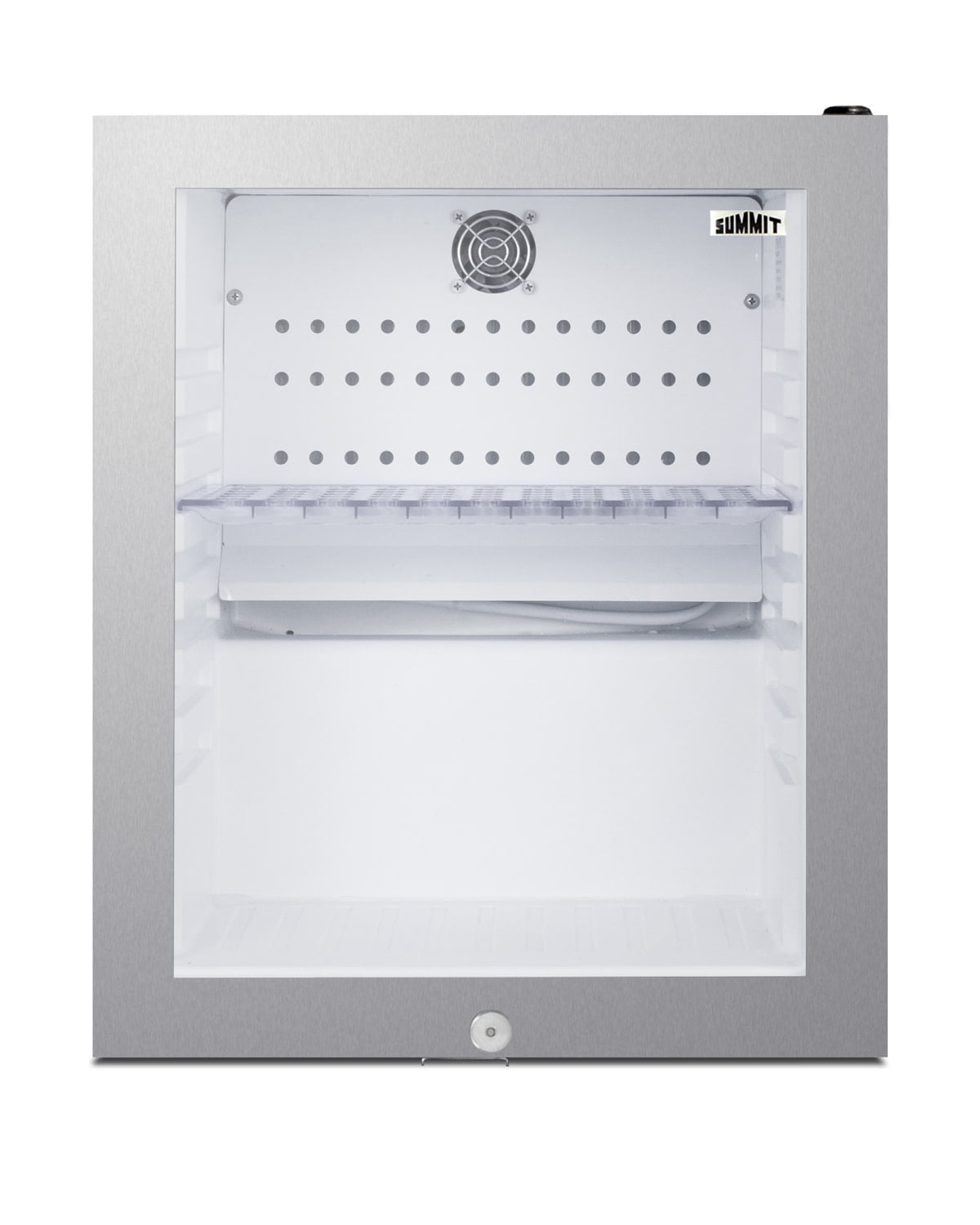 Commercially listed 5.5 cu.ft. counter height beverage center in a 24" footprint, with black cabinet, glass door, thin stainless steel handle, and lock