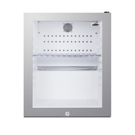 Commercially listed 5.5 cu.ft. counter height beverage center in a 24" footprint, with black cabinet, glass door, thin stainless steel handle, and lock
