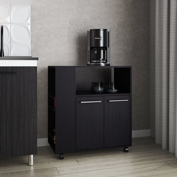 Compact square kitchen cart with microwave shelf open storage for decor and two - door cabinet for concealed storage of utensils