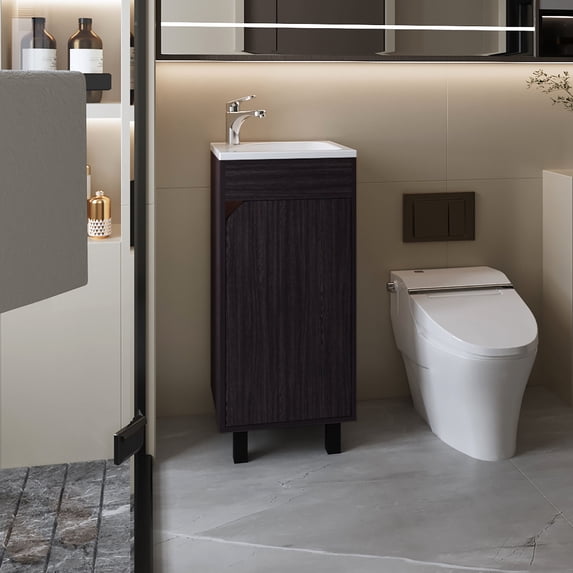 Compact vanity with sink and faucet for optimizing small bathroom space
